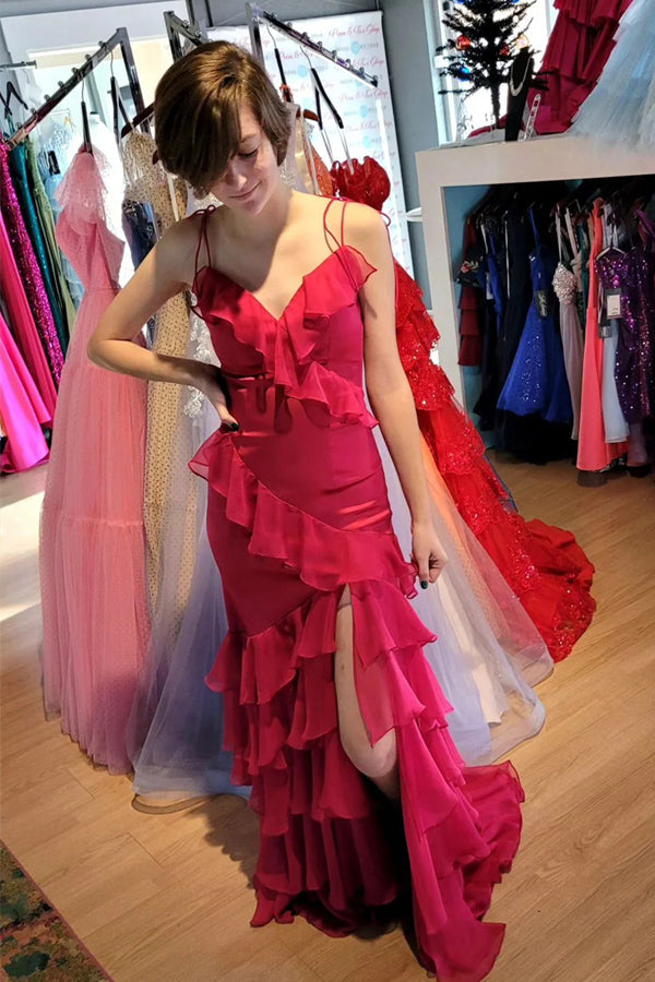 Straps Mermaid Ruffle Tiered Green Long Prom Dress With Slit