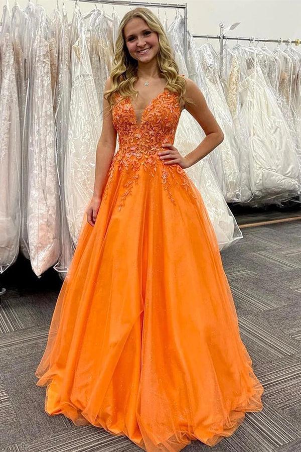 Stunning A-Line V-Neck Orange Long Prom Dress With Appliques
