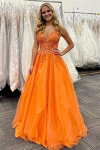 Stunning A-Line V-Neck Orange Long Prom Dress With Appliques