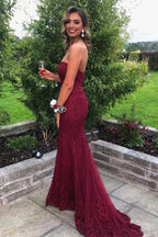 Sweetheart Mermaid Burgundy Lace Prom Dress Strapless Evening Dress