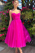 Sweetheart Tea Length Hot Pink Prom Dress Simple Prom Dress