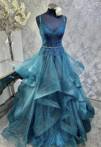 Shiny Blue V-neck Tulle Appliques Sequins Long Prom Dress Spaghetti Strap Evening Dress Y8051