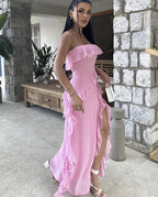 Pretty Pink Strapless Ruffle Slit Evening Dress Long Birthday Prom Dress Y8203