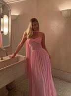 Pink Sweetheart Neck Chiffon Long Prom Dress Evening Dress Y8479