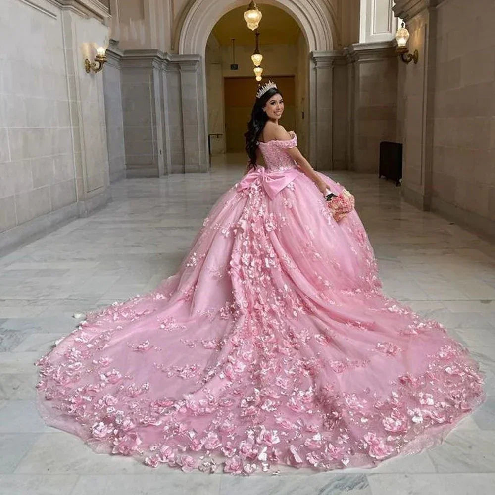 Pink Off Shoulder Ball Gown Quinceanera Dresses 3D Appliques Corset Dress Y6791