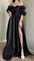 Elegant Black Off The Shoulder Sweetheart A-line Prom Dress With Bubble Sleeves Slit Long Evening Dress Y8283