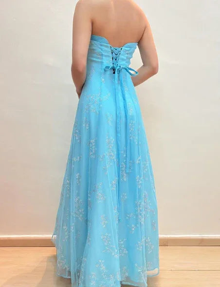 Shiny Strapless Sequins Evening Dress Blue A Line Prom Dress Y8140
