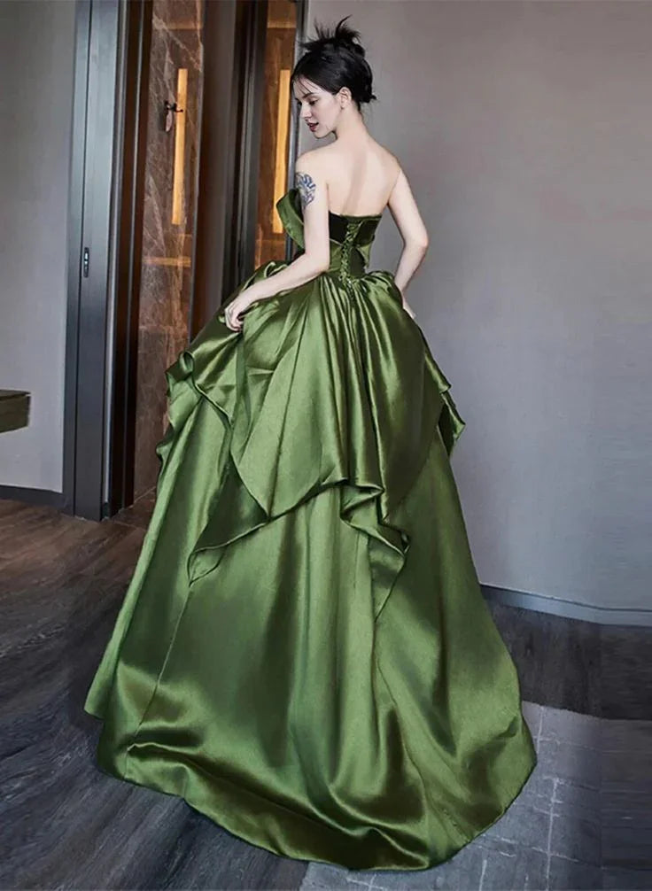 Beautiful Ruched Layered Formal Prom Dress A Line Green Satin Long Ball Gown Evening Dress Y7995