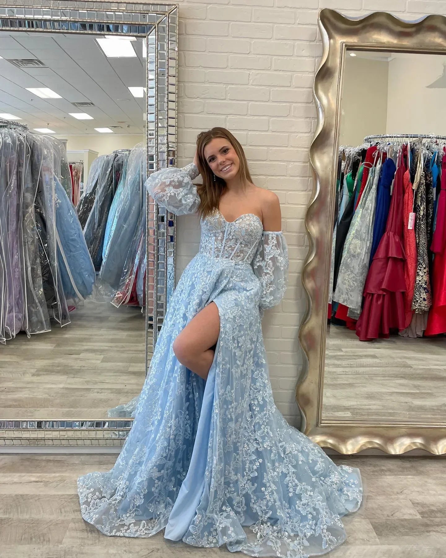 Sparkle Princess Bustier Puff Sleeve Lace Long Prom Dress Detachable Sleeves Evening Dress  Y1805