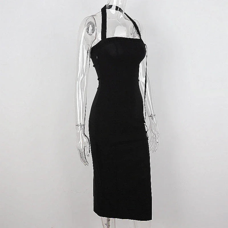 Women's Black Halter Prom Dress With Slit Sexy Black Sleeveless Evening Dress Y1161