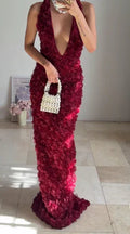 Gorgeous Deep V Burgundy Rose Flowers Sheath Long Prom Dress Evening Dress Y8504