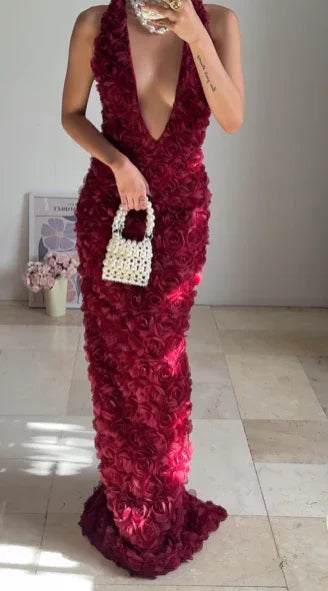 Gorgeous Deep V Burgundy Rose Flowers Sheath Long Prom Dress Evening Dress Y8504