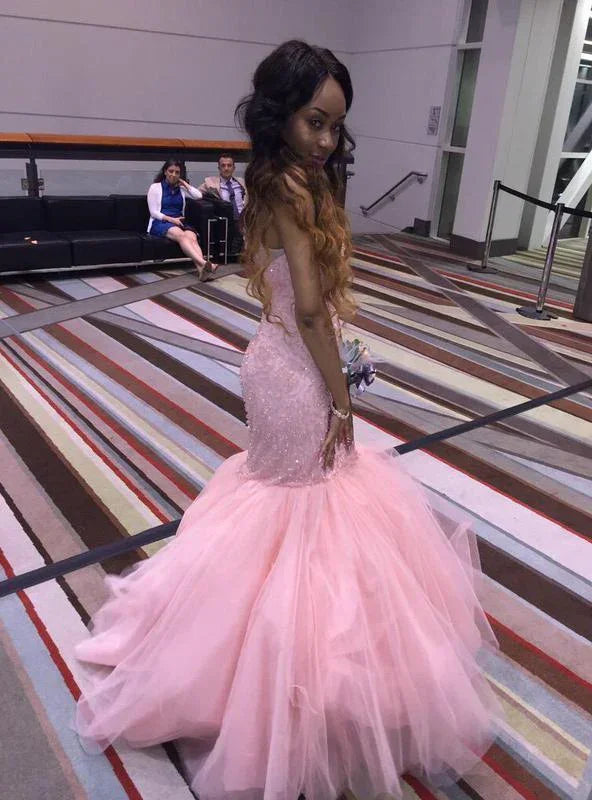 Elegant Mermaid/Trumpet Pink Sleeveless Tulle Evening Dresses Y1094