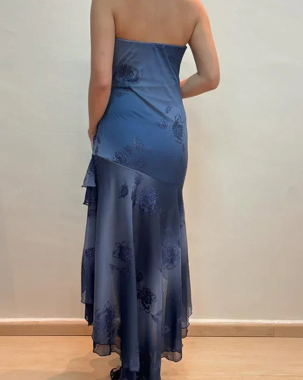 Charming Navy Blue Strapless Tiered Mermaid Evening Dress Prom Dress Y7811