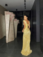 Fashion sleeveless split sequin evening dress Y4279