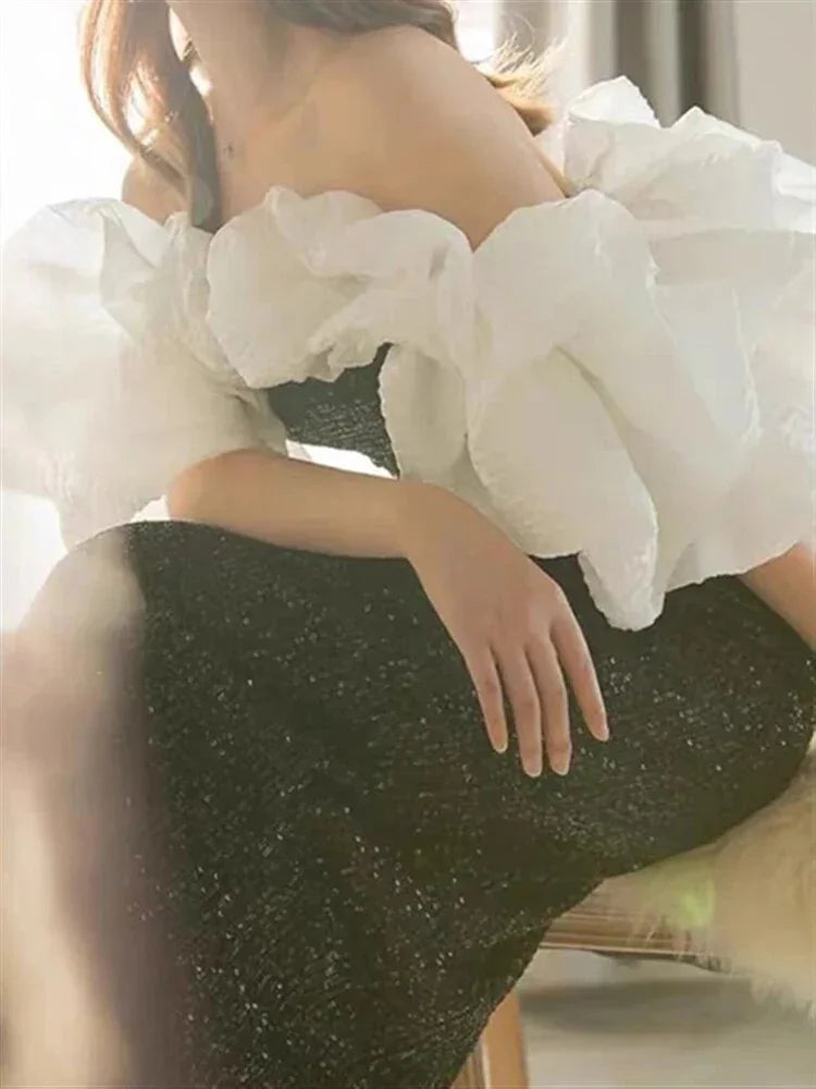Gothic Black And White Evening Dress With Ruffles Formal Dress Y4383