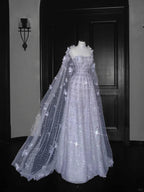 Pretty Lilac Tulle Beaded Appliques A Line Prom Evening Dress Formal Evening Dress Y8657