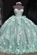Charming Strapless Lace Appliques Ball Gown,Green A Line Birthday Quinceanera Dress Y8246