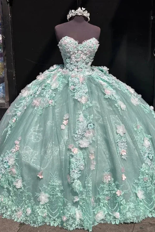 Charming Strapless Lace Appliques Ball Gown,Green A Line Birthday Quinceanera Dress Y8246