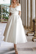 Tea Length Off The Shoulder Beach Satin Wedding Dress with Pockets