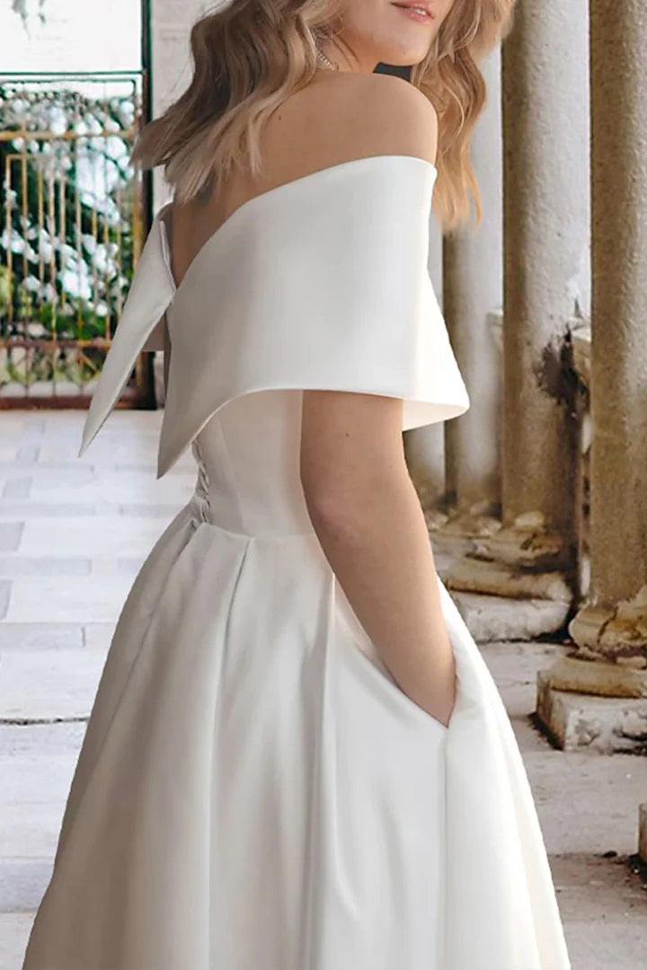 Tea Length Off The Shoulder Beach Satin Wedding Dress with Pockets