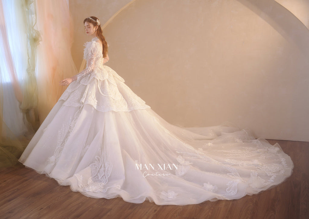 Regal V-Neck Lace Ball Gown Wedding Dress with Cathedral Train & Statement Collar