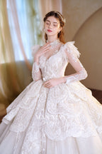 Regal V-Neck Lace Ball Gown Wedding Dress with Cathedral Train & Statement Collar