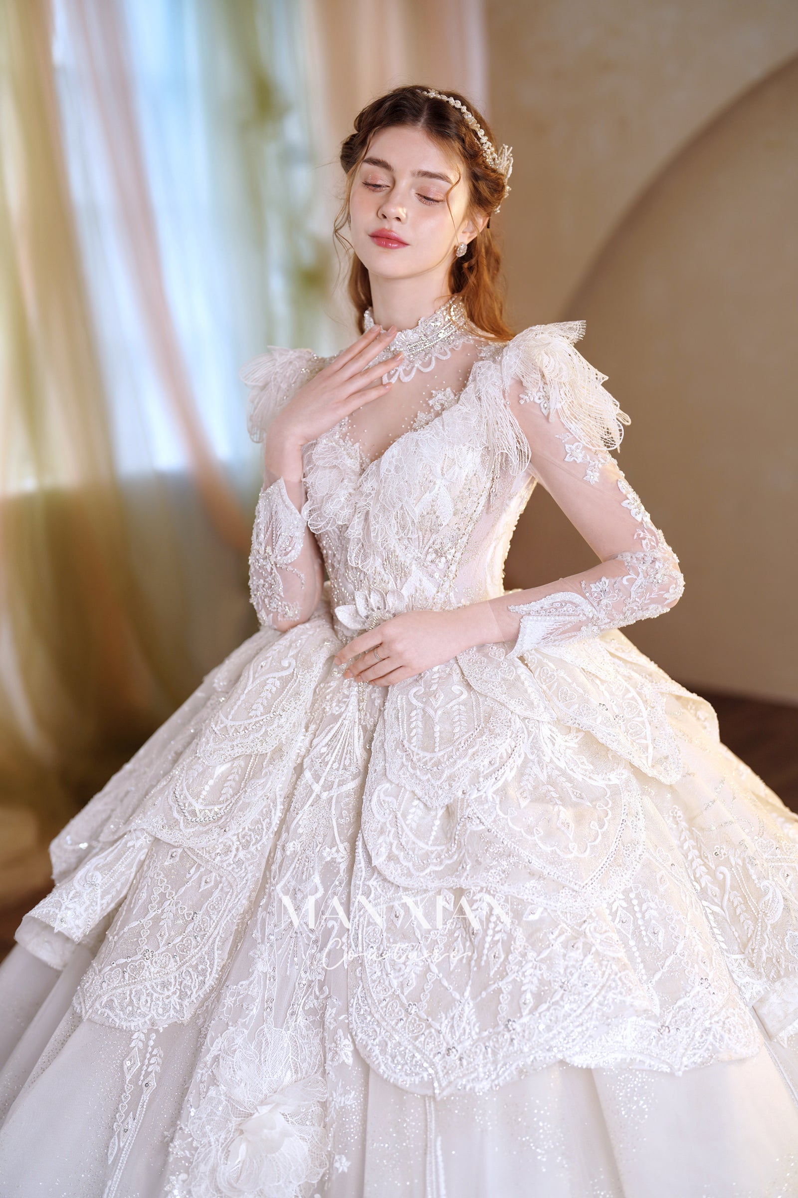 Regal V-Neck Lace Ball Gown Wedding Dress with Cathedral Train & Statement Collar