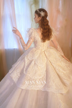 Regal V-Neck Lace Ball Gown Wedding Dress with Cathedral Train & Statement Collar