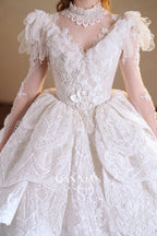 Regal V-Neck Lace Ball Gown Wedding Dress with Cathedral Train & Statement Collar