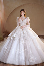 Regal V-Neck Lace Ball Gown Wedding Dress with Cathedral Train & Statement Collar