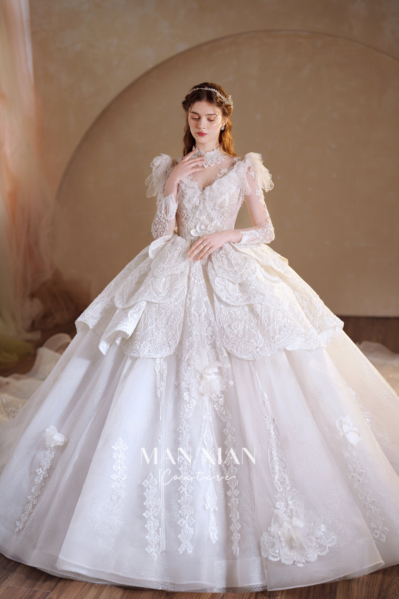 Regal V-Neck Lace Ball Gown Wedding Dress with Cathedral Train & Statement Collar