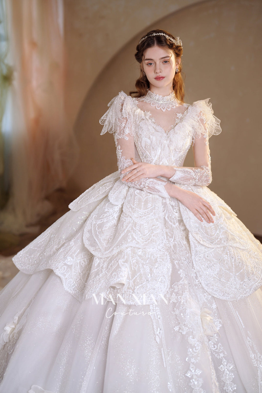Regal V-Neck Lace Ball Gown Wedding Dress with Cathedral Train & Statement Collar
