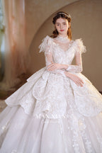 Regal V-Neck Lace Ball Gown Wedding Dress with Cathedral Train & Statement Collar