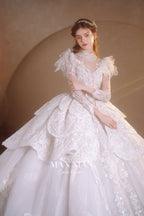 Regal V-Neck Lace Ball Gown Wedding Dress with Cathedral Train & Statement Collar