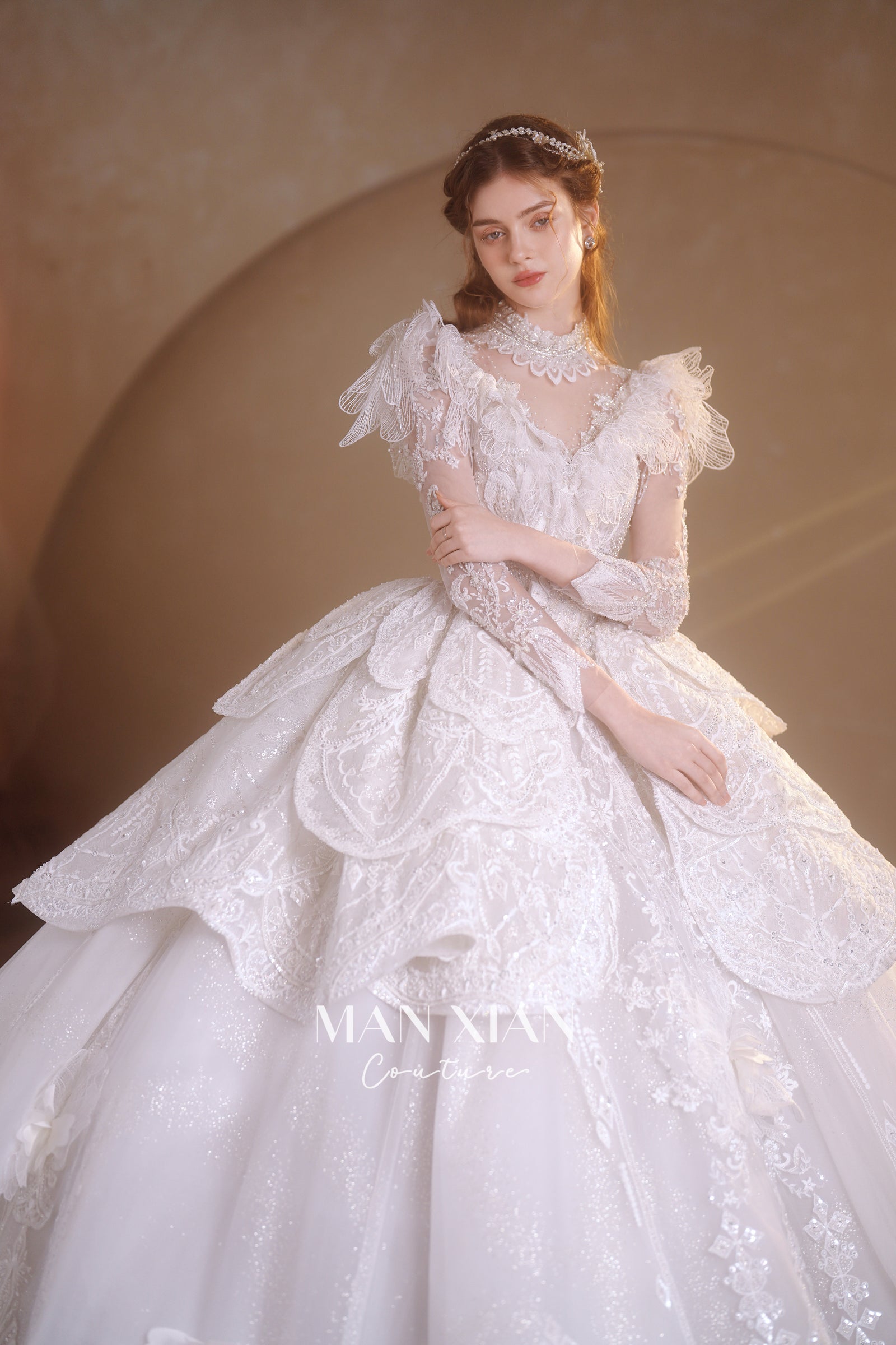 Regal V-Neck Lace Ball Gown Wedding Dress with Cathedral Train & Statement Collar