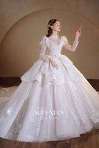 Regal V-Neck Lace Ball Gown Wedding Dress with Cathedral Train & Statement Collar