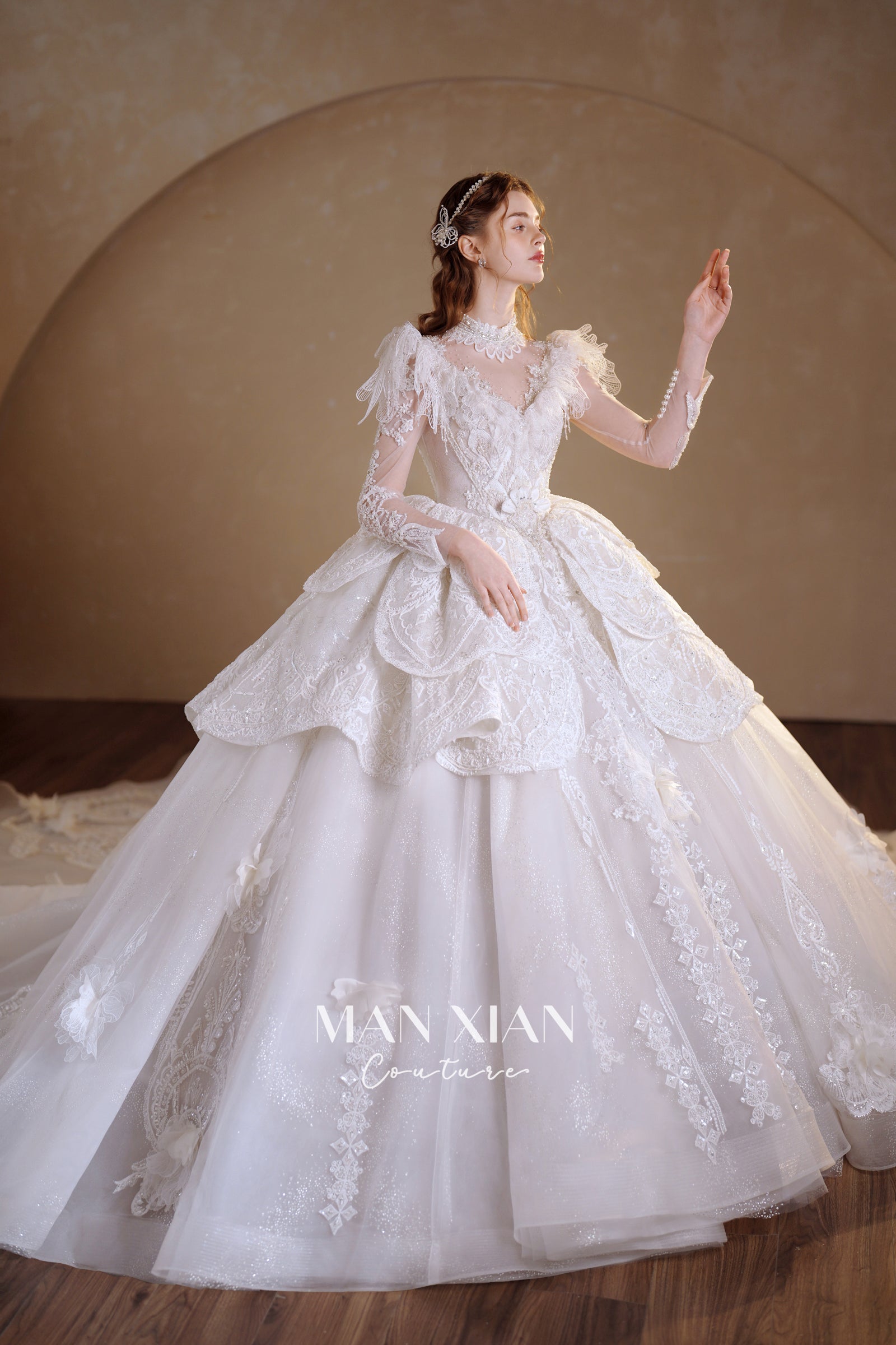Regal V-Neck Lace Ball Gown Wedding Dress with Cathedral Train & Statement Collar