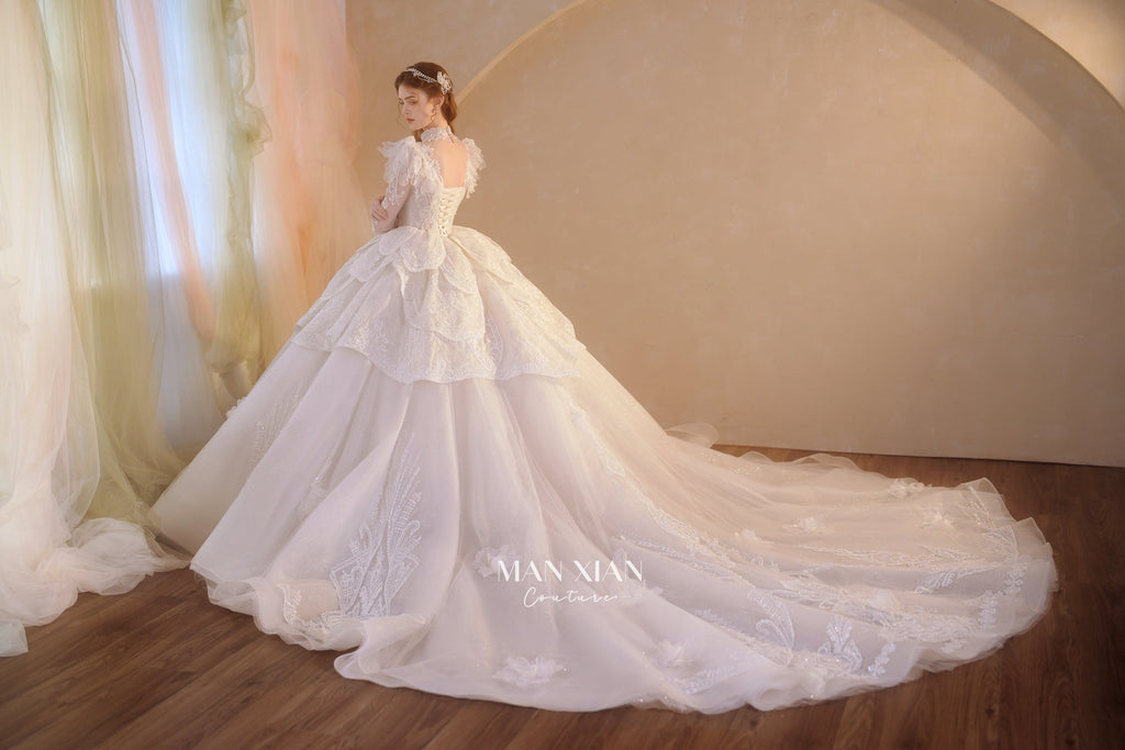 Regal V-Neck Lace Ball Gown Wedding Dress with Cathedral Train & Statement Collar