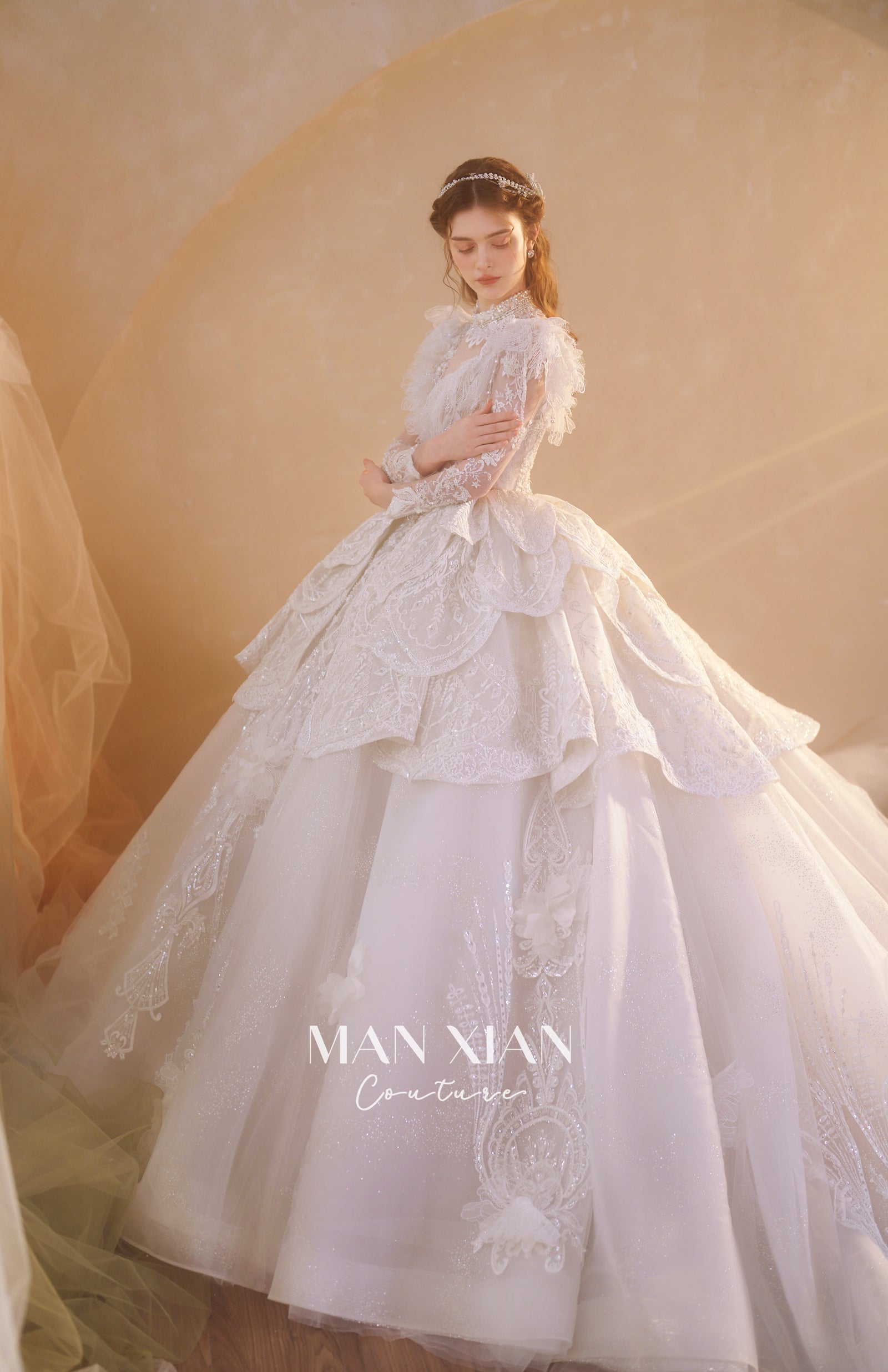 Regal V-Neck Lace Ball Gown Wedding Dress with Cathedral Train & Statement Collar