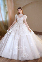 Regal V-Neck Lace Ball Gown Wedding Dress with Cathedral Train & Statement Collar