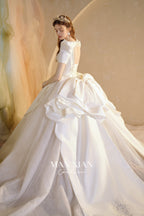 Regal Puff-Sleeve Satin Ball Gown Wedding Dress with Oversized Back Bow & Cathedral Train