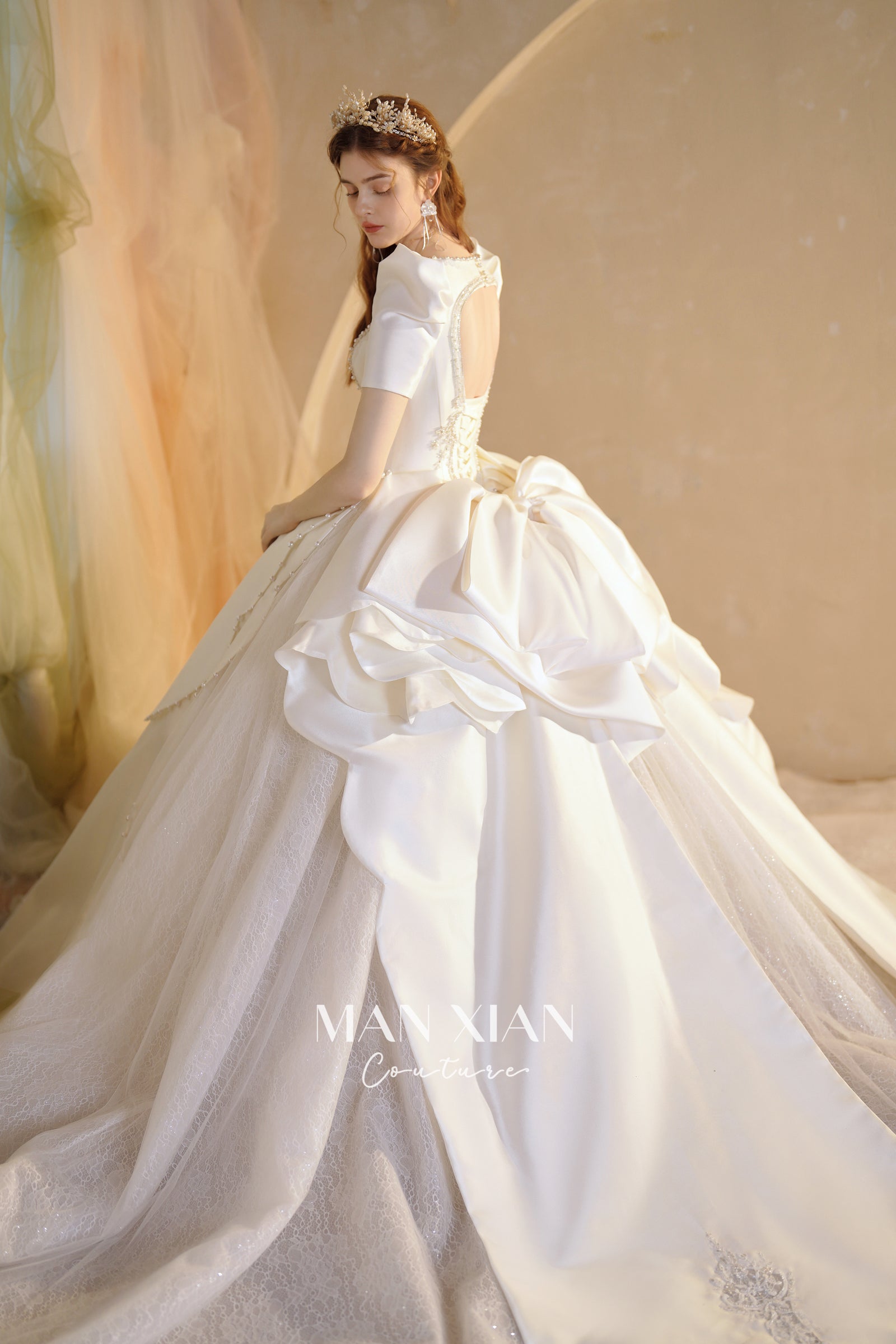 Regal Puff-Sleeve Satin Ball Gown Wedding Dress with Oversized Back Bow & Cathedral Train