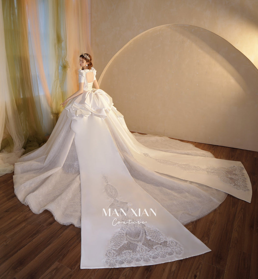 Regal Puff-Sleeve Satin Ball Gown Wedding Dress with Oversized Back Bow & Cathedral Train