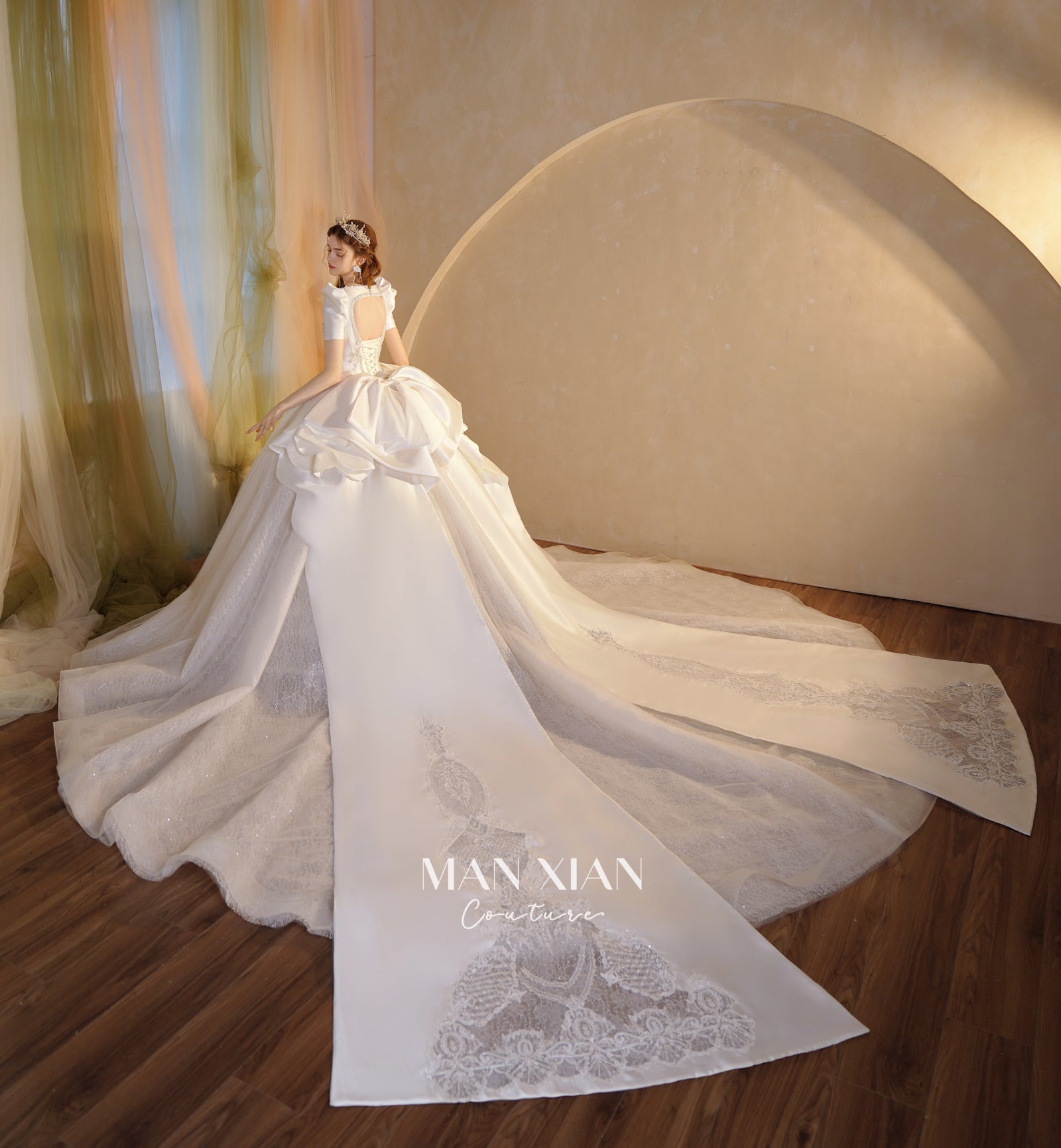 Regal Puff-Sleeve Satin Ball Gown Wedding Dress with Oversized Back Bow & Cathedral Train