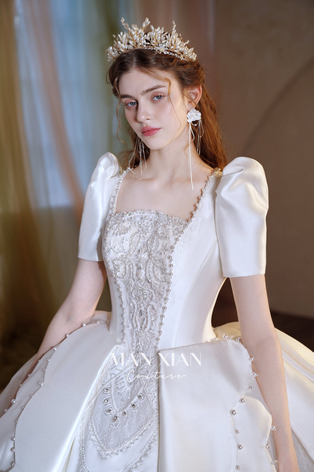 Regal Puff-Sleeve Satin Ball Gown Wedding Dress with Oversized Back Bow & Cathedral Train