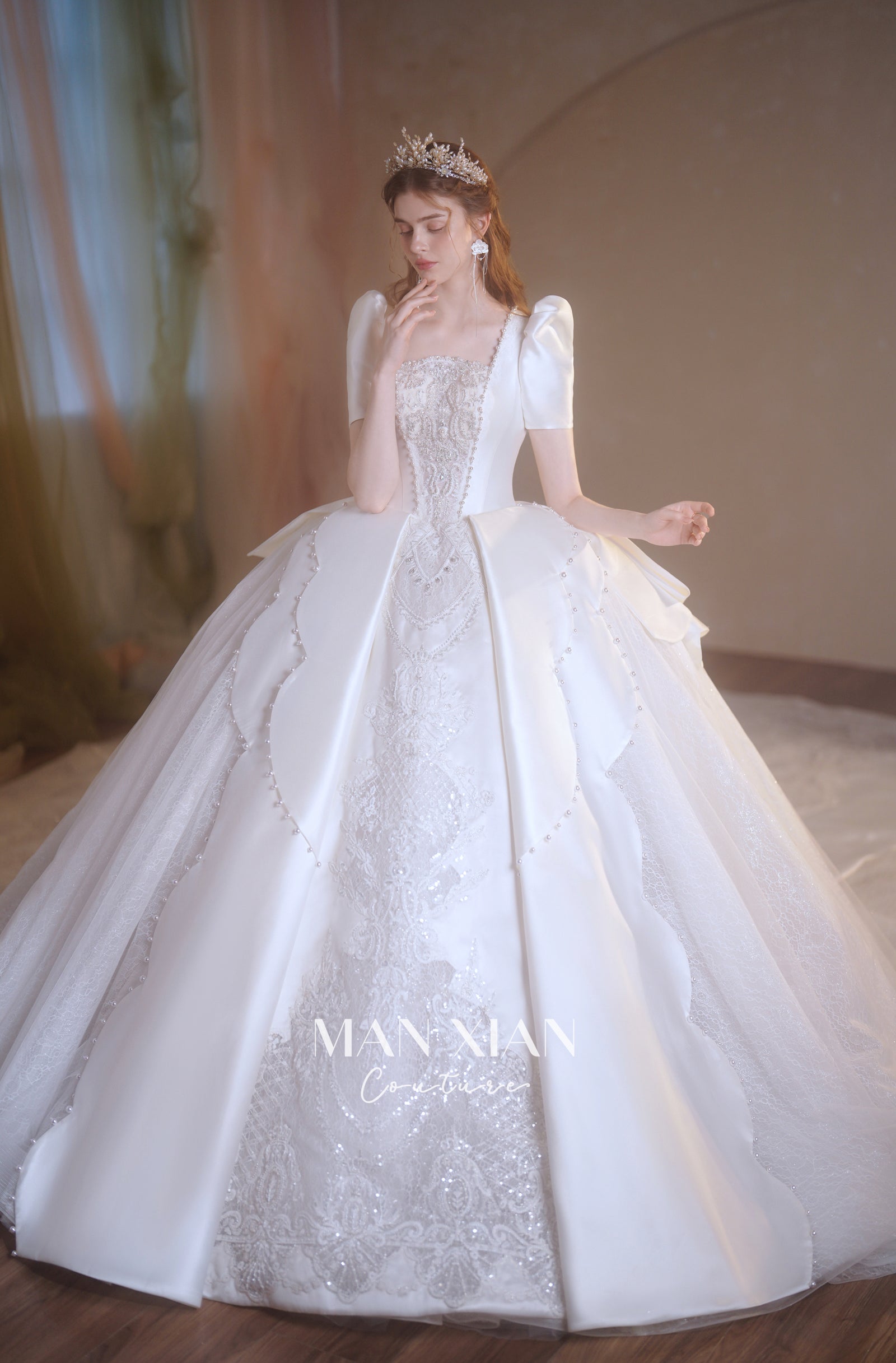 Regal Puff-Sleeve Satin Ball Gown Wedding Dress with Oversized Back Bow & Cathedral Train