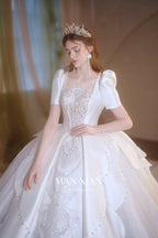 Regal Puff-Sleeve Satin Ball Gown Wedding Dress with Oversized Back Bow & Cathedral Train