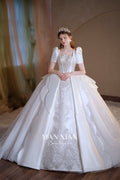 Regal Puff-Sleeve Satin Ball Gown Wedding Dress with Oversized Back Bow & Cathedral Train