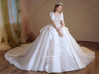 Regal Puff-Sleeve Satin Ball Gown Wedding Dress with Oversized Back Bow & Cathedral Train